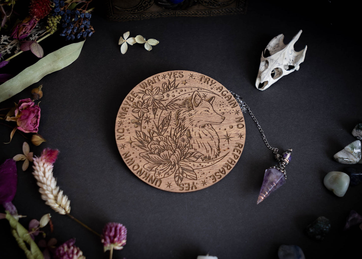 Wolf Head & Flowers Design Spirit Pendulum Board Divination Tarot Crystal Altar Decor