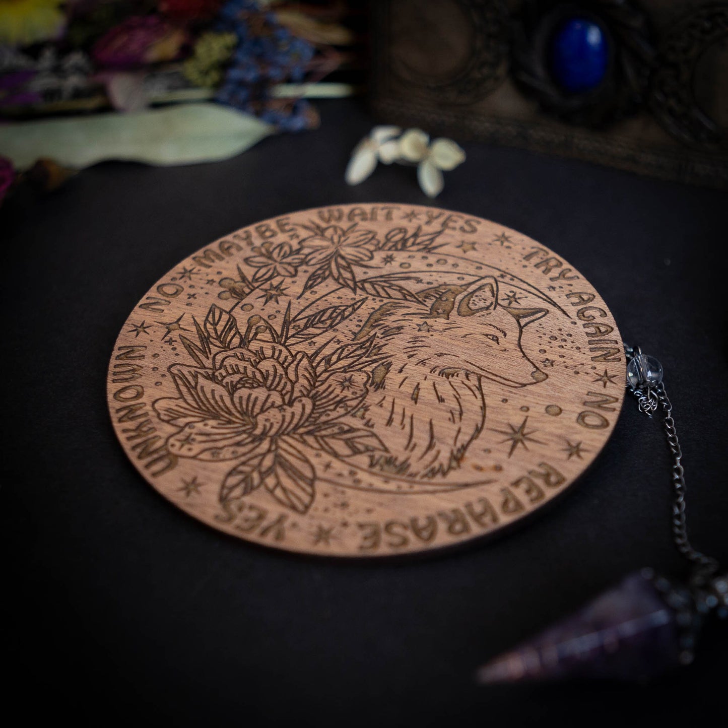Wolf Head & Flowers Design Spirit Pendulum Board Divination Tarot Crystal Altar Decor