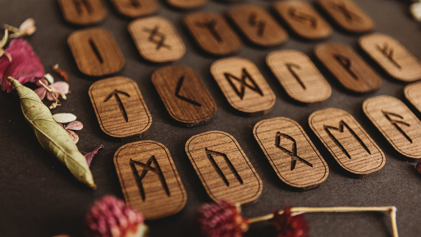 Solid Walnut Wood Engraved Viking Runes Elder Futhark Pagan Divination Gift Idea Norse Altar Northmen Fortune Telling Tarot