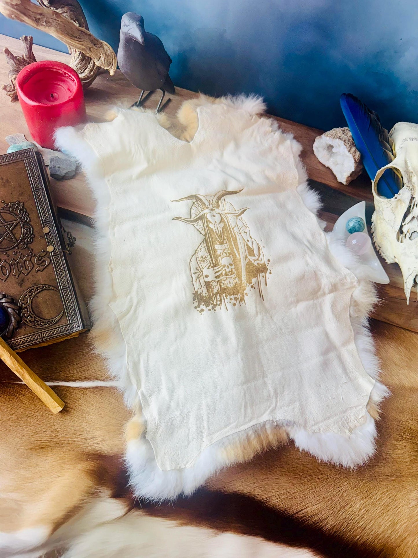 Baphomet Altar Cloth, Pagan Decor, Genuine Rabbit Fur, Altar Cloth, Witchy Decor, Mythology Art, Demon Art, Deity, Gods, Goddesses,