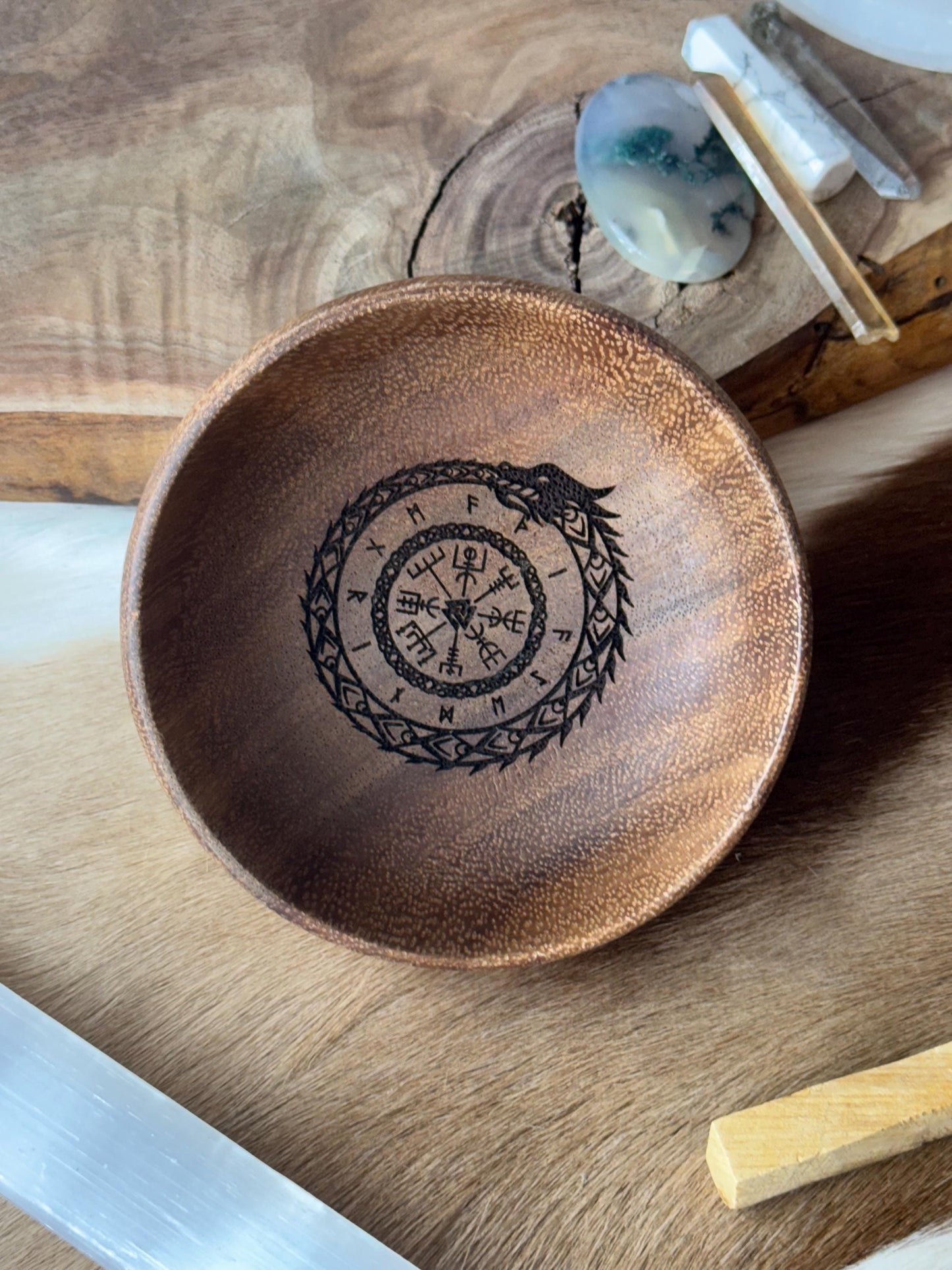 Ouroboros Jörmungandr Engraved Acacia Key Ring Wallet Coin Bowl Pagan Occult Witchy Spiritual Gift Idea Valet Tray Altar Decor Crystal Bowl