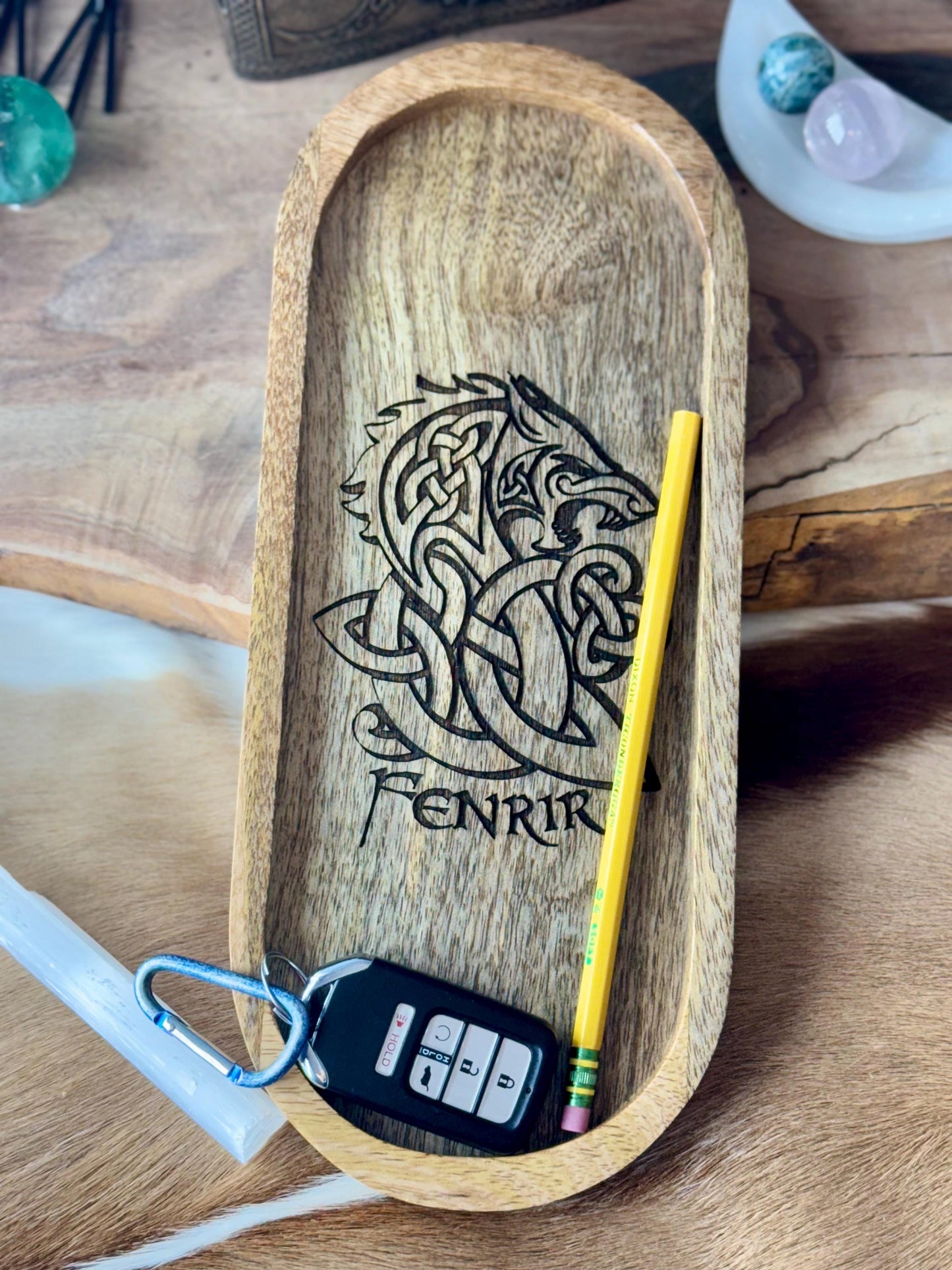Fenrir Wolf Viking Engraved Wood Key Ring Wallet Coin Pagan Occult Witchy Spiritual Gift Idea Valet Tray Altar Decor Crystal Bowl Tarot