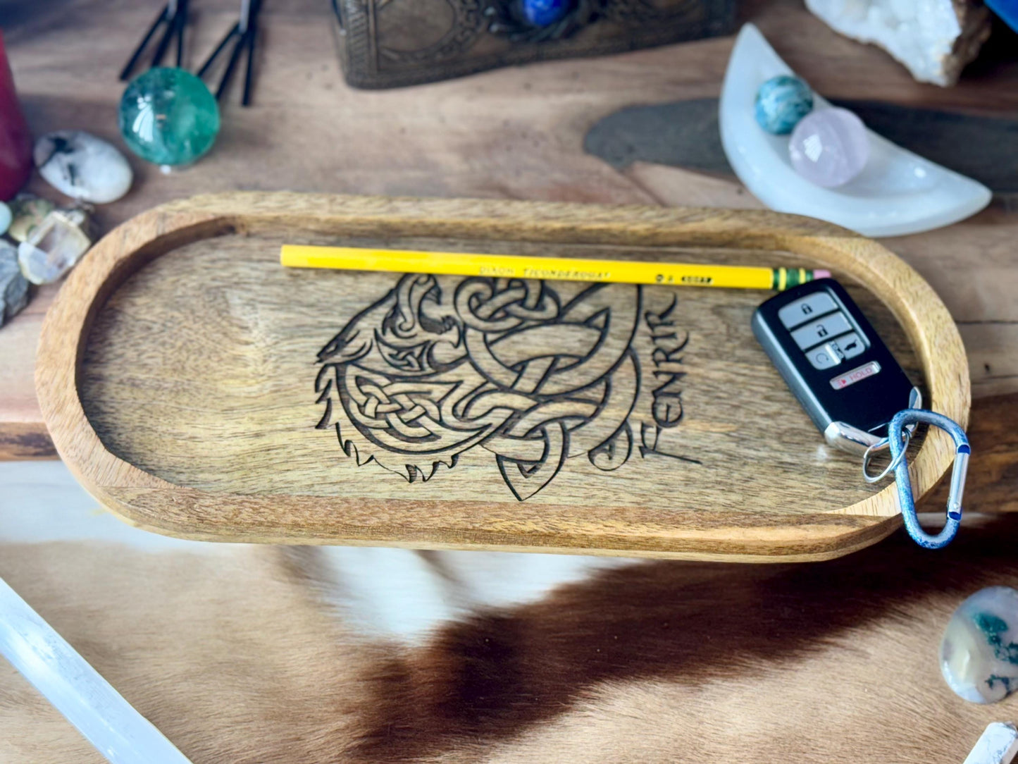 Fenrir Wolf Viking Engraved Wood Key Ring Wallet Coin Pagan Occult Witchy Spiritual Gift Idea Valet Tray Altar Decor Crystal Bowl Tarot