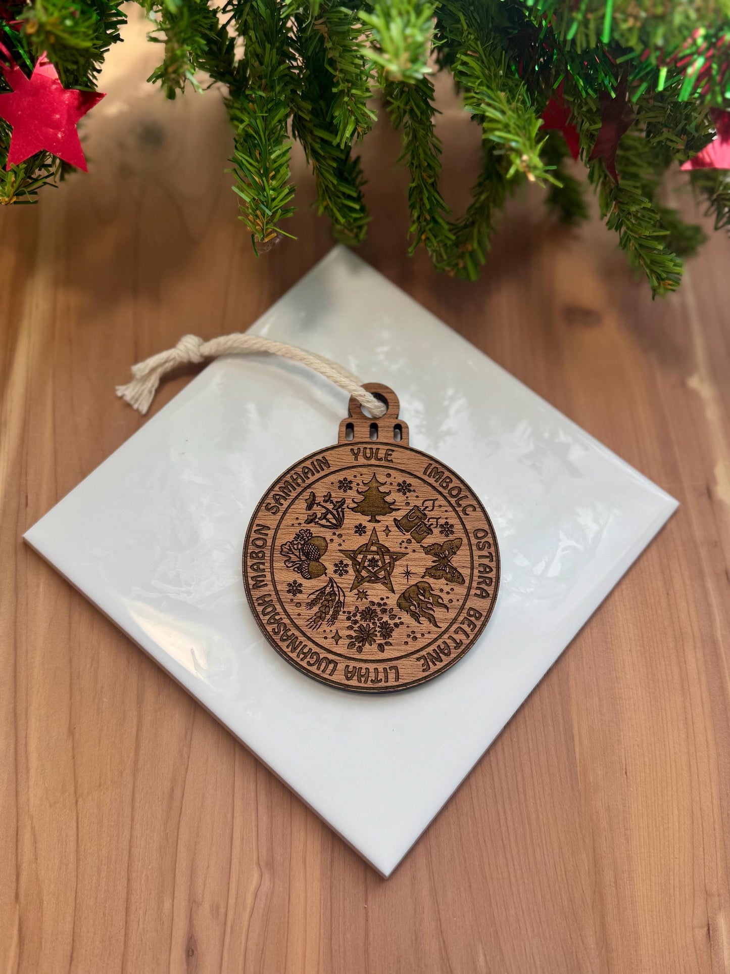 Wheel Of The Year Ornament | Witch Pagan Tarot | Maple Wood | Non-Religious | Hygge | Christmas Tree | Solstice Ritual | Yule Season