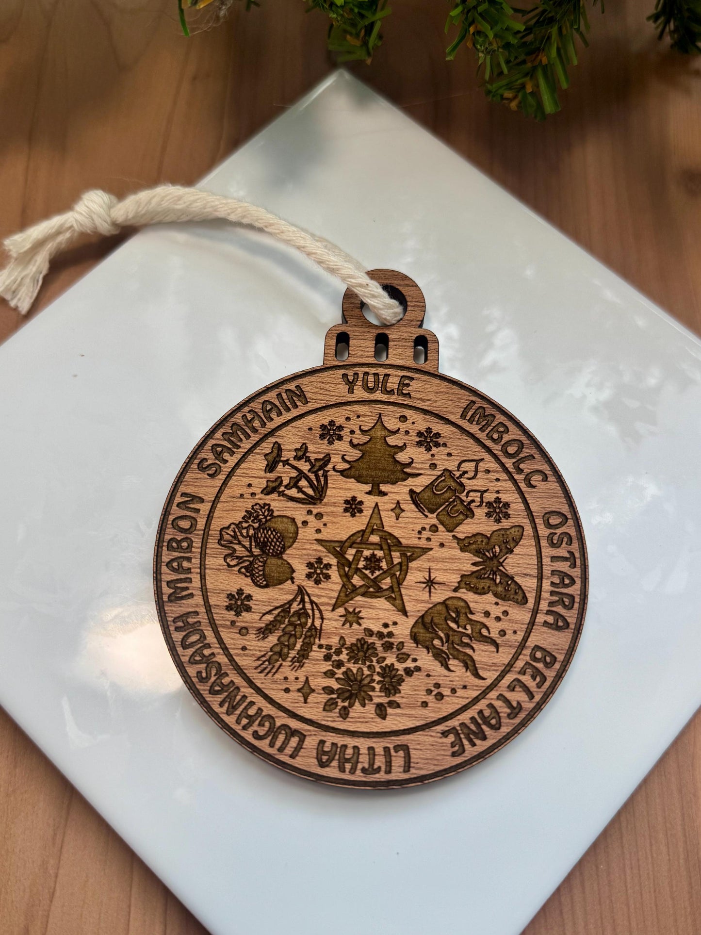 Wheel Of The Year Ornament | Witch Pagan Tarot | Maple Wood | Non-Religious | Hygge | Christmas Tree | Solstice Ritual | Yule Season