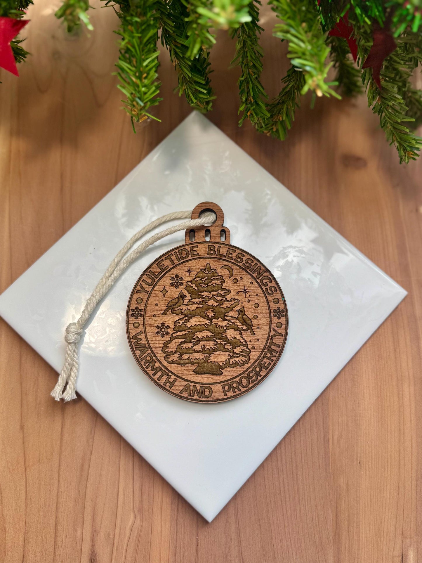 Yuletide Blessings Tree Ornament | Witch Pagan Tarot | Maple Wood | Non-Religious | Hygge | Christmas Tree | Solstice Ritual | Yule Season