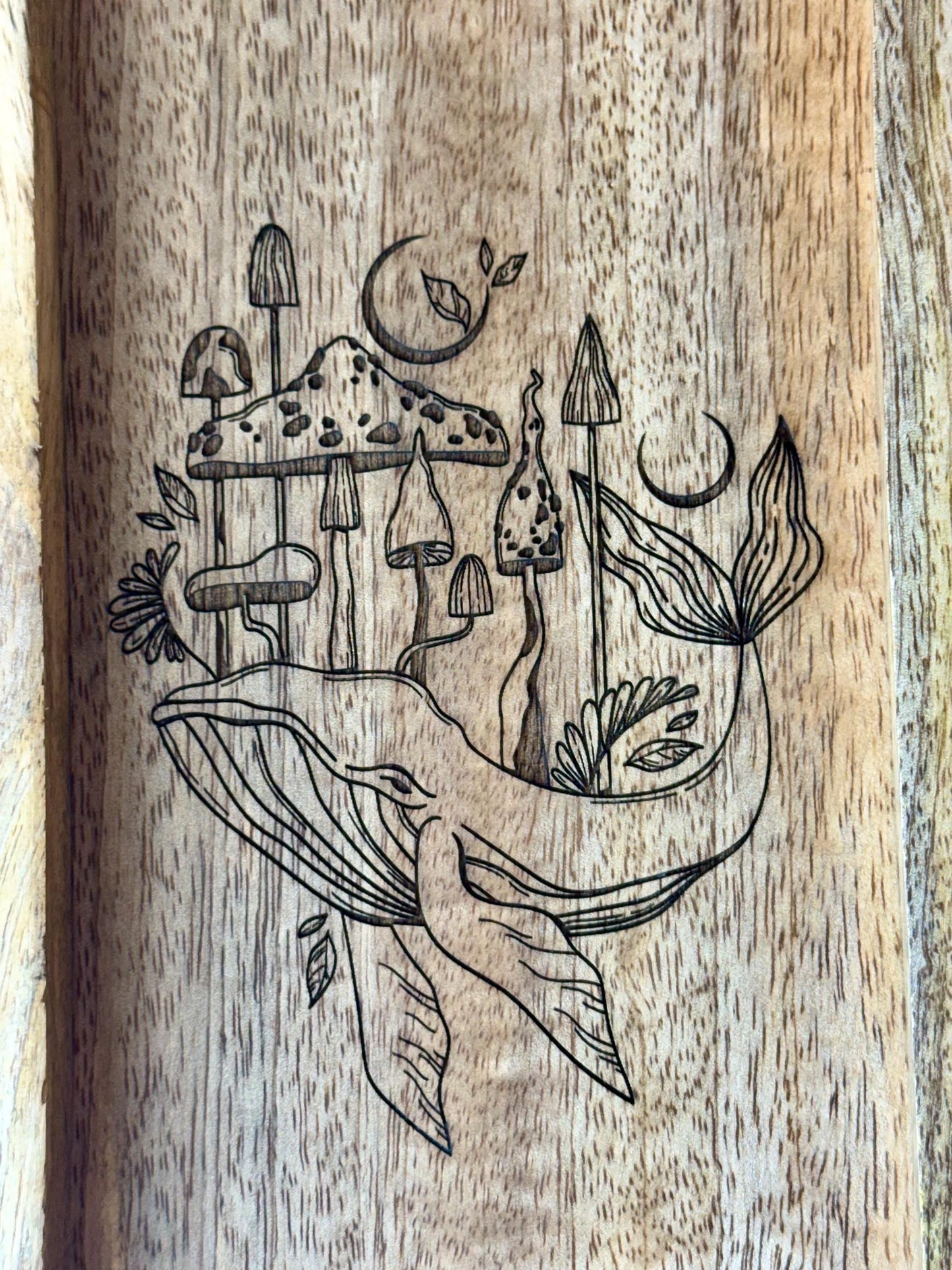 Mushroom Whale Engraved Mango Wood Key Ring Wallet Coin Pagan Occult Witchy Spiritual Gift Idea Valet Tray Altar Decor Crystal Bowl Tarot