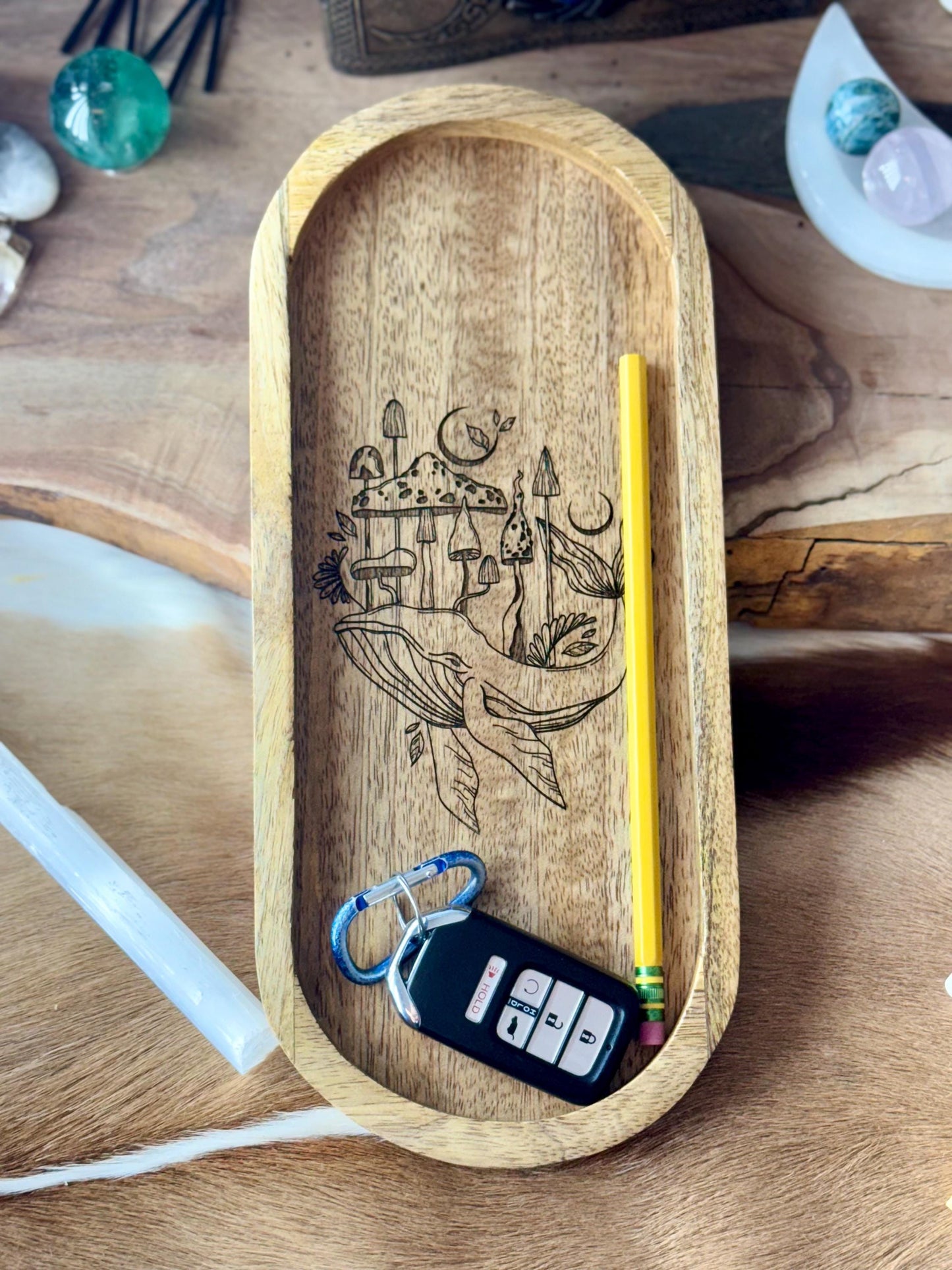 Mushroom Whale Engraved Mango Wood Key Ring Wallet Coin Pagan Occult Witchy Spiritual Gift Idea Valet Tray Altar Decor Crystal Bowl Tarot