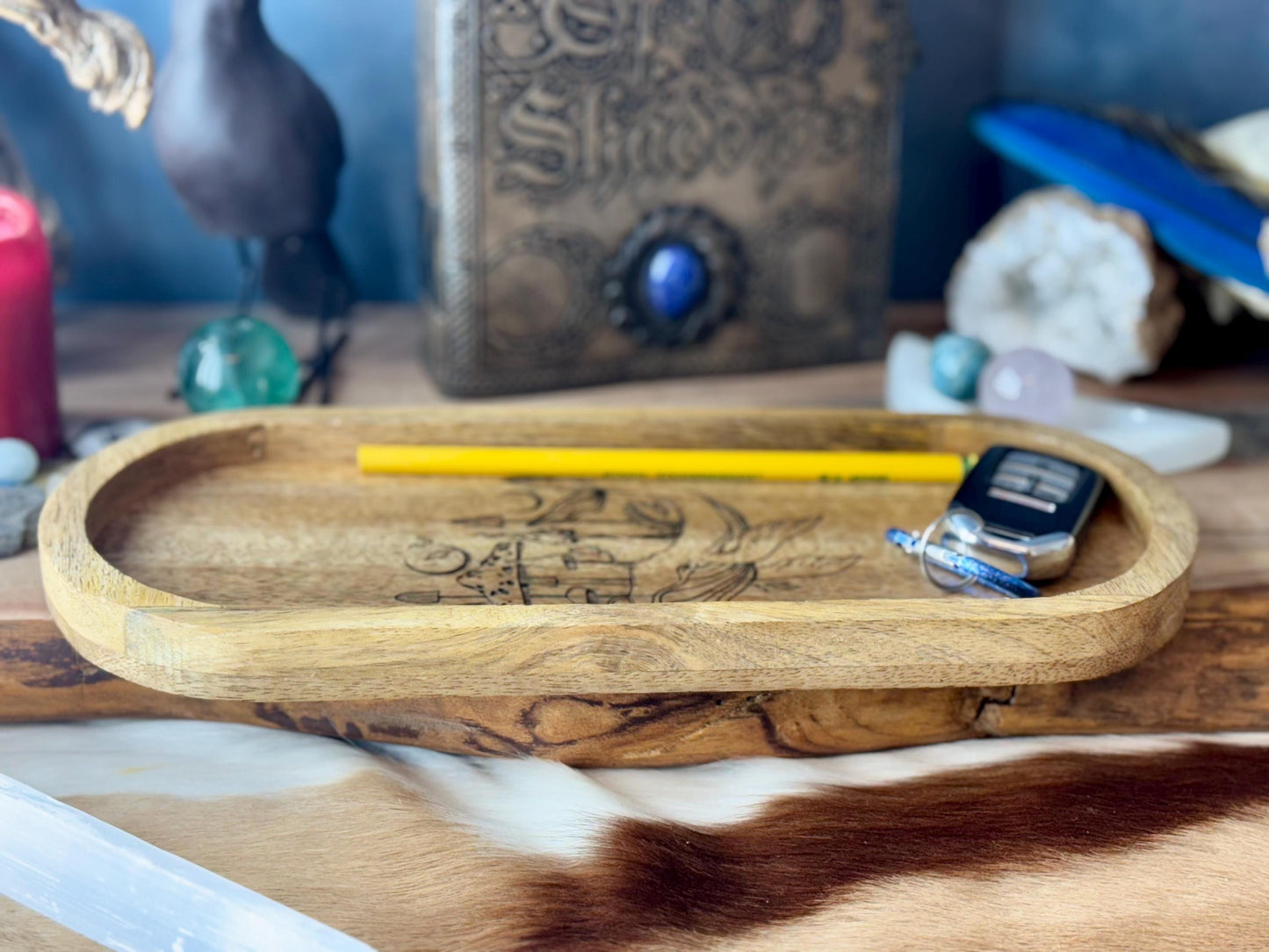 Mushroom Whale Engraved Mango Wood Key Ring Wallet Coin Pagan Occult Witchy Spiritual Gift Idea Valet Tray Altar Decor Crystal Bowl Tarot
