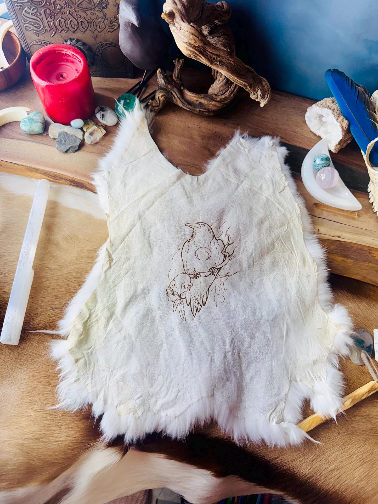 Raven Skull & Moon Altar Pelt, Norse Pagan Decor, Genuine Rabbit Fur, Altar Cloth, Witchy Decor, Mythology Art, Norse Pagan, Viking, Odin,