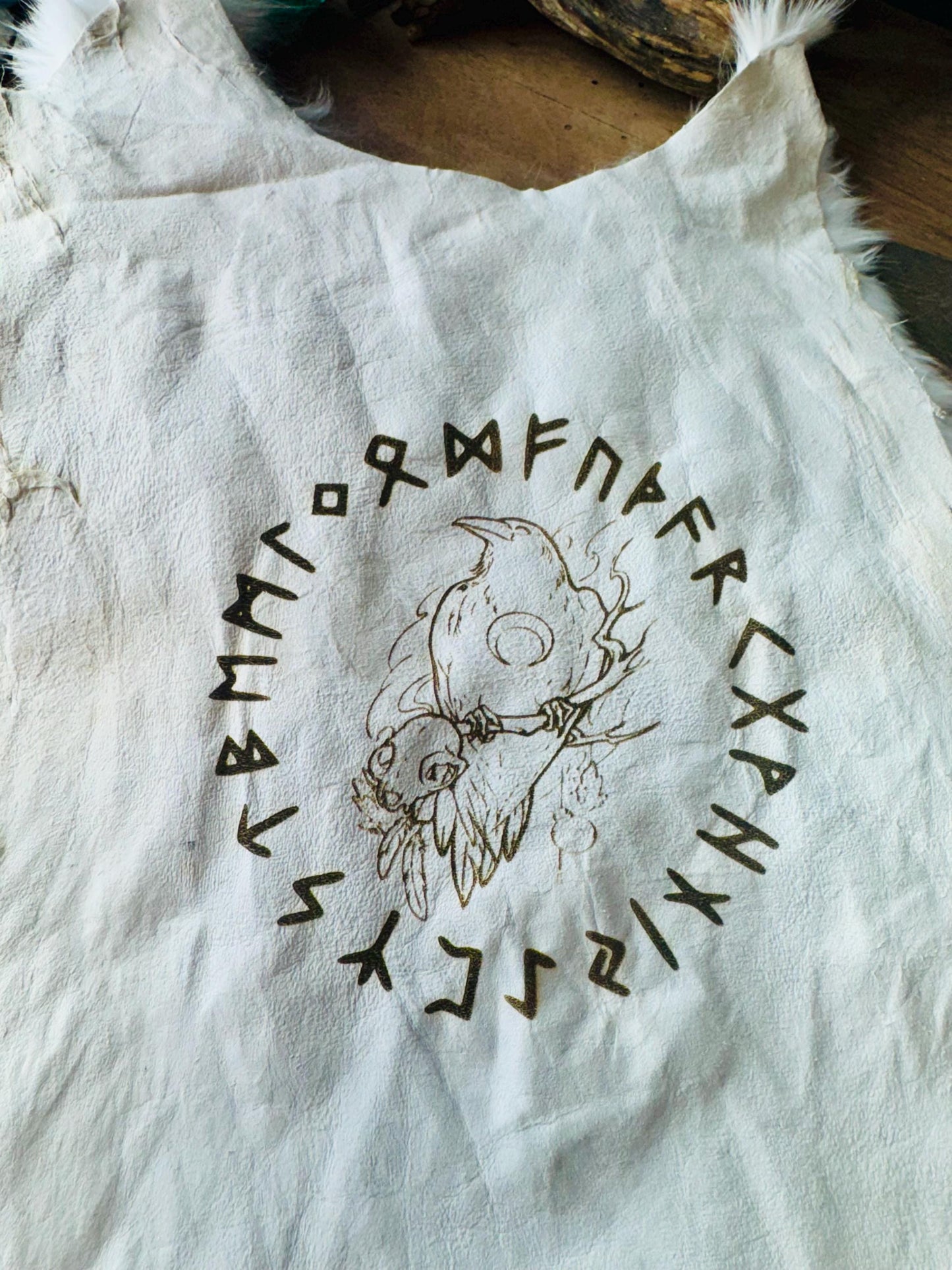 Futhark Runes Raven Skull & Moon Pelt, Pagan Decor, Genuine Rabbit Fur, Altar Cloth, Witchy Decor, Mythology Art, Norse Pagan, Viking, Odin,