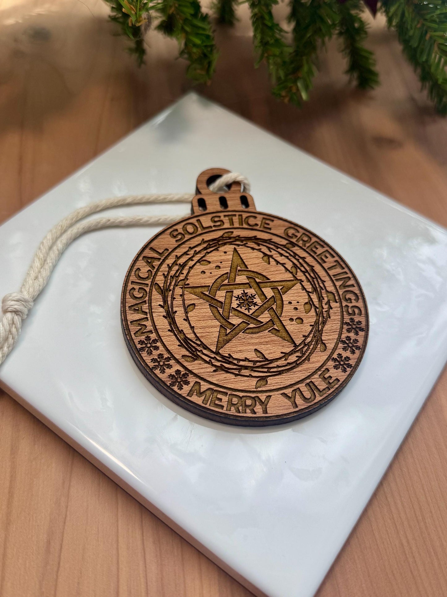 Magical Solstice Pentacle Ornament | Witch Pagan Tarot | Maple Wood | Non-Religious | Hygge | Christmas Tree | Solstice Ritual | Yule Season