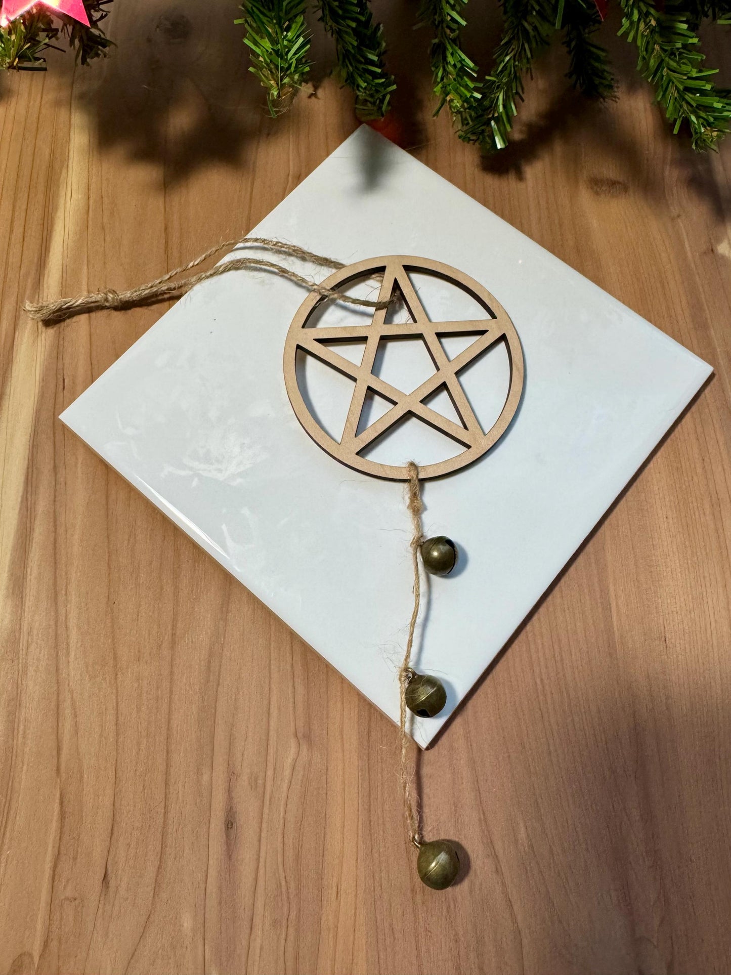 Pentacle & Bells Ornament | Witch Pagan Tarot | Maple Wood | Non-Religious | Decor | Hygge | Christmas Tree | Solstice Ritual | Yule Season