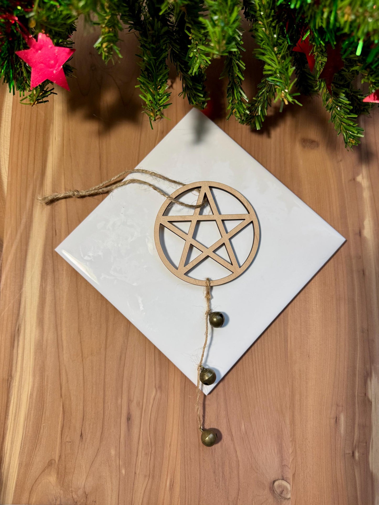 Pentacle & Bells Ornament | Witch Pagan Tarot | Maple Wood | Non-Religious | Decor | Hygge | Christmas Tree | Solstice Ritual | Yule Season