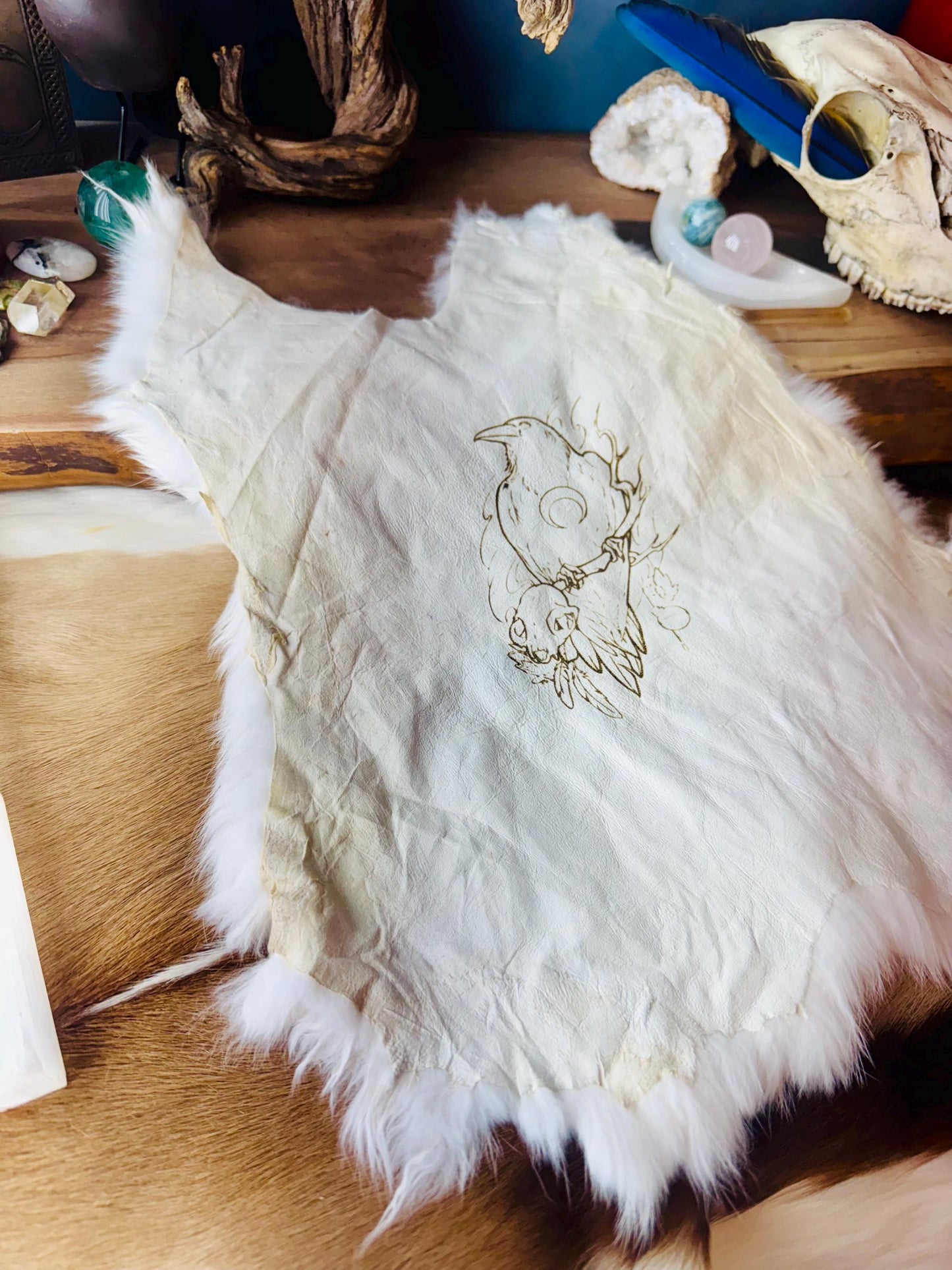 Raven Skull & Moon Altar Pelt, Norse Pagan Decor, Genuine Rabbit Fur, Altar Cloth, Witchy Decor, Mythology Art, Norse Pagan, Viking, Odin,