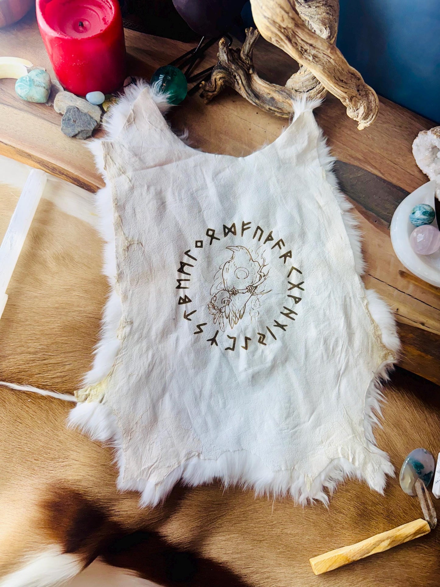 Futhark Runes Raven Skull & Moon Pelt, Pagan Decor, Genuine Rabbit Fur, Altar Cloth, Witchy Decor, Mythology Art, Norse Pagan, Viking, Odin,