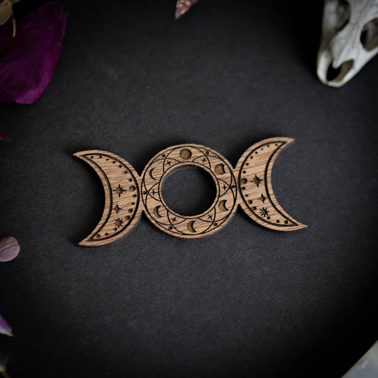 Wooden Crystal Sphere Stand Triple Moon Design