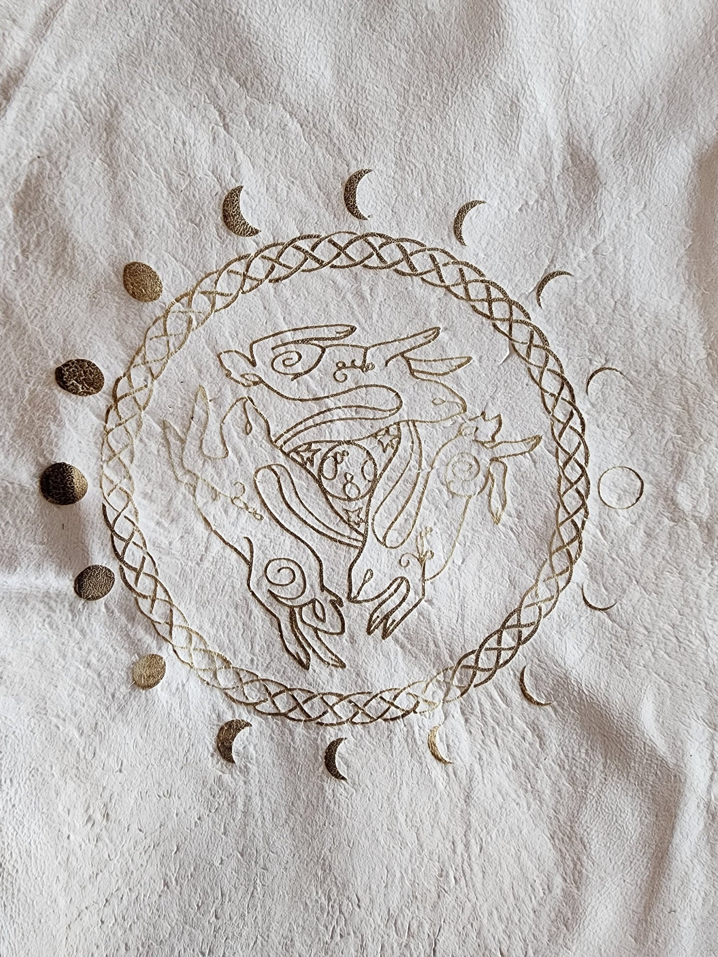 Celtic Decor, Triple Hare Design, Genuine Rabbit Fur, Altar Cloth, Pagan Decor, Witchy Decor, Mythology Art, Gift for Her, Gift for Him,