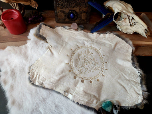 Celtic Decor, Triple Hare Design, Genuine Rabbit Fur, Altar Cloth, Pagan Decor, Witchy Decor, Mythology Art, Gift for Her, Gift for Him,