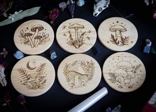 Mushroom Design Natural Pine Wood Coasters
