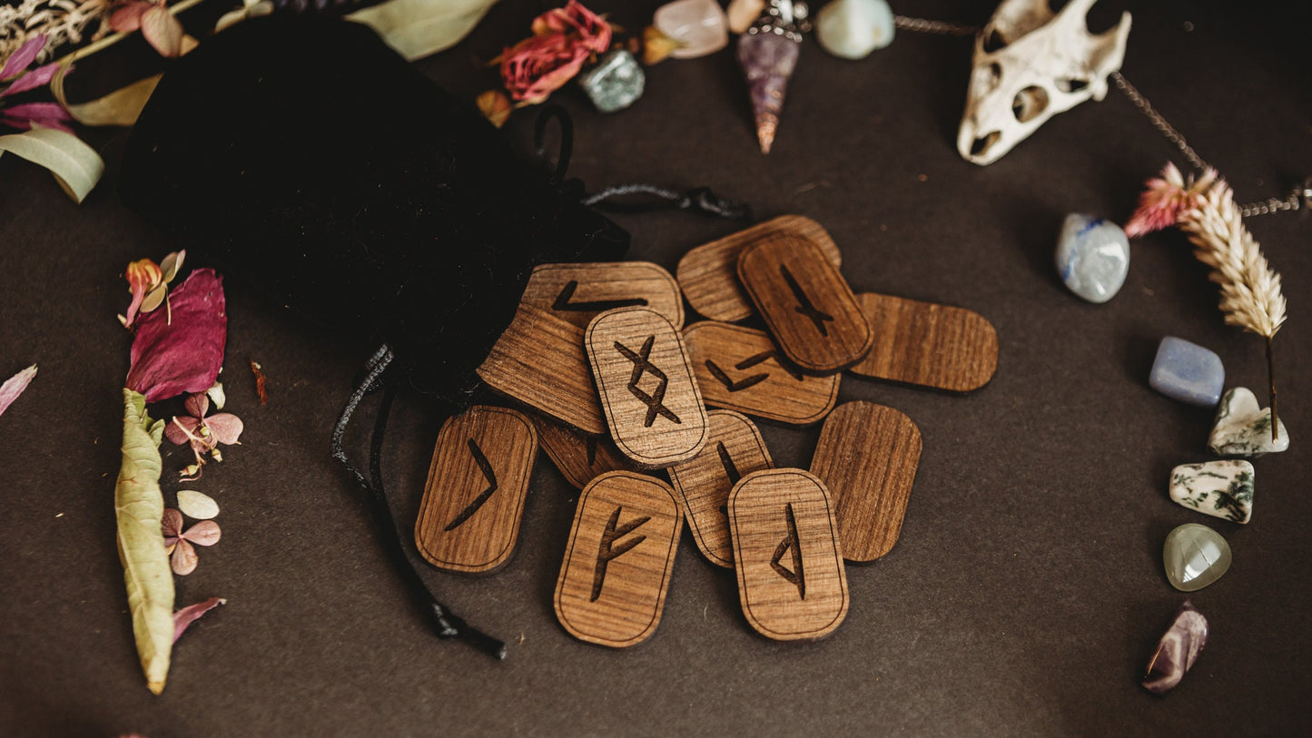 Solid Walnut Wood Engraved Viking Runes Elder Futhark Pagan Divination Gift Idea Norse Altar Northmen Fortune Telling Tarot