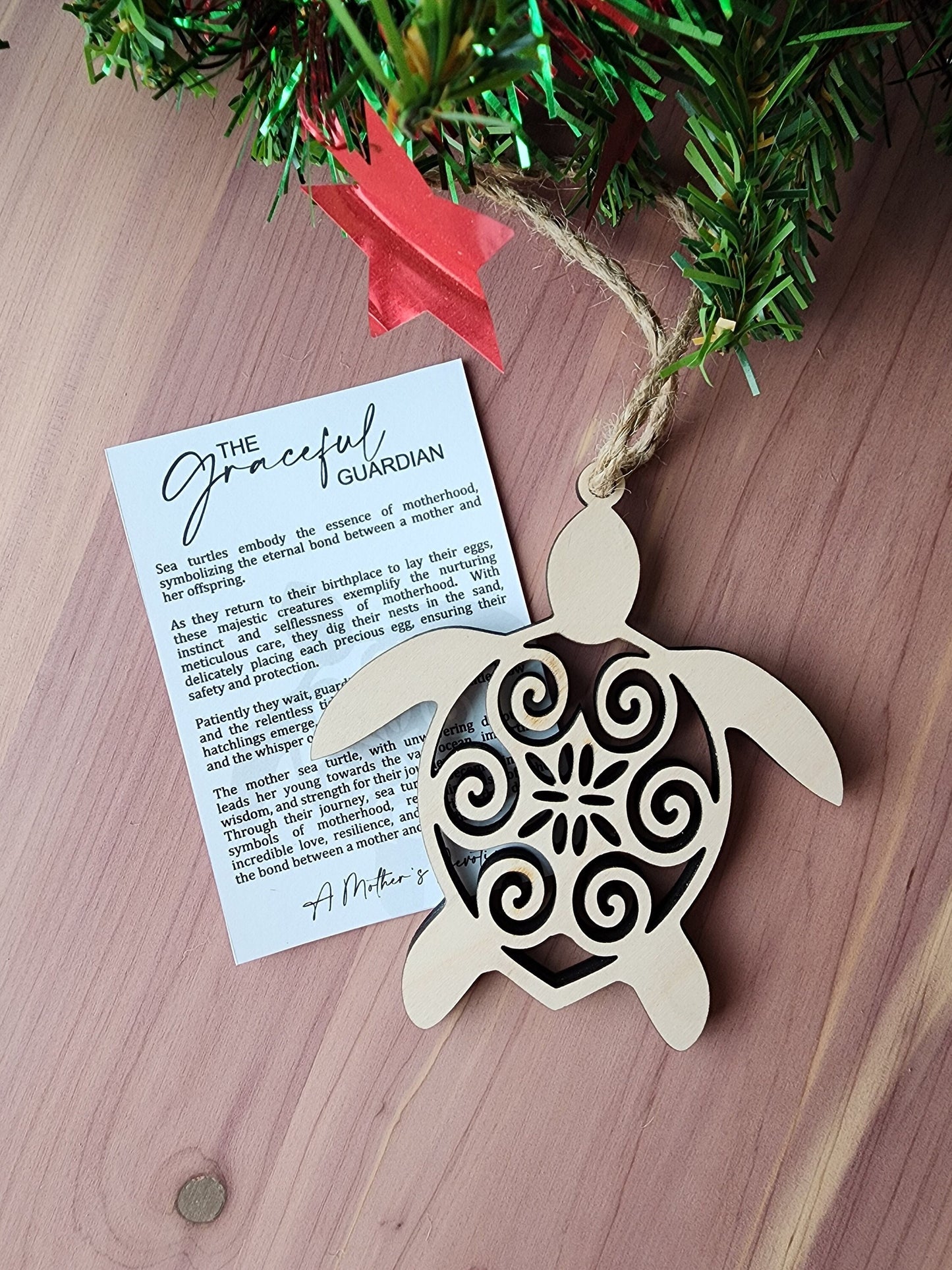 Graceful Guardian Sea Turtle Mother Ornament | Gift for Mom Parent | Maple Wood | Non-Religious | Decor | Hygge | Christmas Tree |