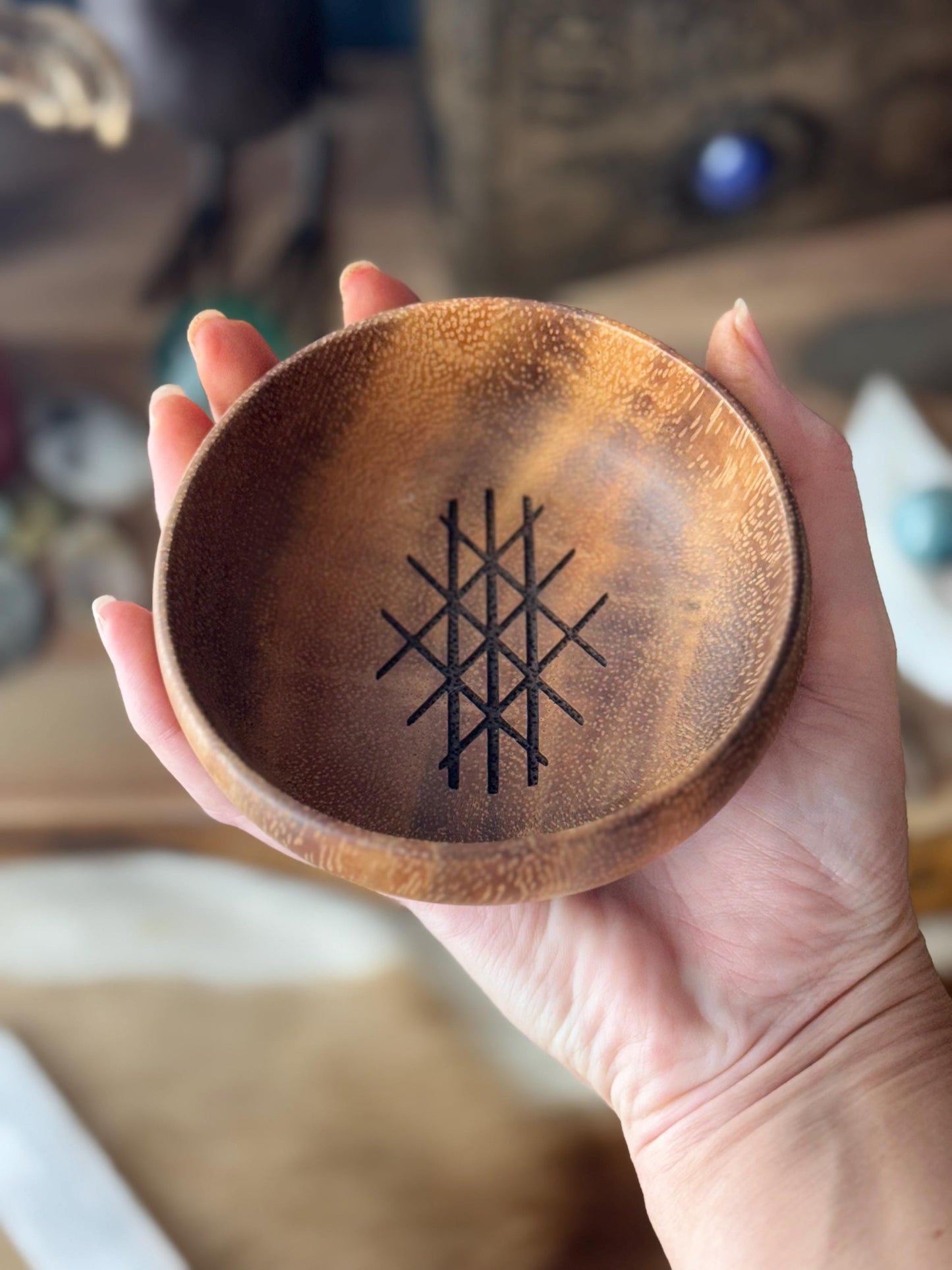 Web of Wyrd Symbol Engraved Acacia Key Ring Wallet Coin Bowl Pagan Occult Witchy Spiritual Gift Idea Valet Tray Altar Decor Crystal Bowl