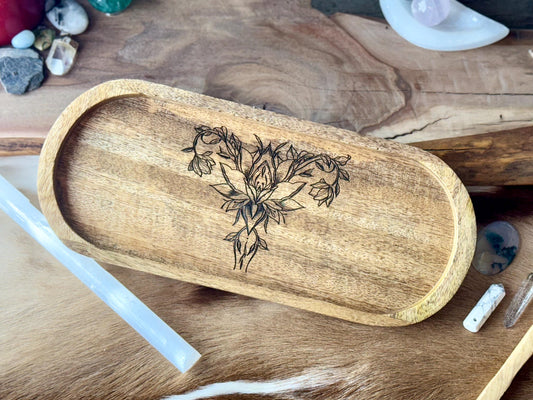 Floral Uterus Womanhood Mango Wood Key Ring Wallet Coin Pagan Occult Witchy Spiritual Gift Idea Valet Tray Altar Decor Crystal Bowl Tarot