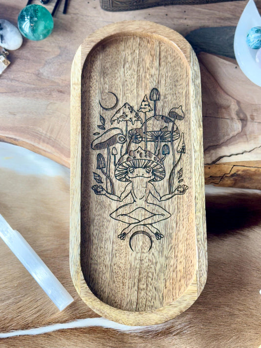 Hippie Frog Mushroom Engraved Mango Wood Key Ring Wallet Coin Pagan Occult Witchy Spiritual Gift Idea Valet Tray Altar Decor Crystal Bowl