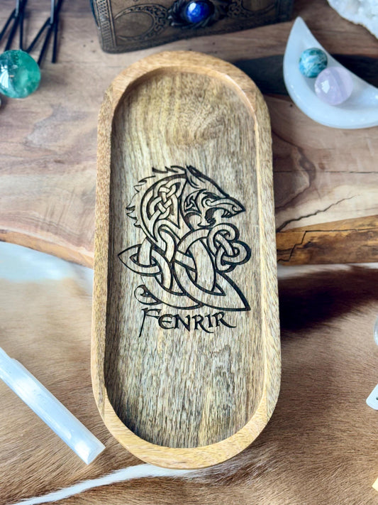 Fenrir Wolf Viking Engraved Wood Key Ring Wallet Coin Pagan Occult Witchy Spiritual Gift Idea Valet Tray Altar Decor Crystal Bowl Tarot