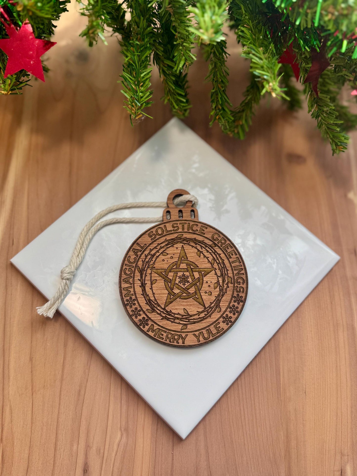 Magical Solstice Pentacle Ornament | Witch Pagan Tarot | Maple Wood | Non-Religious | Hygge | Christmas Tree | Solstice Ritual | Yule Season