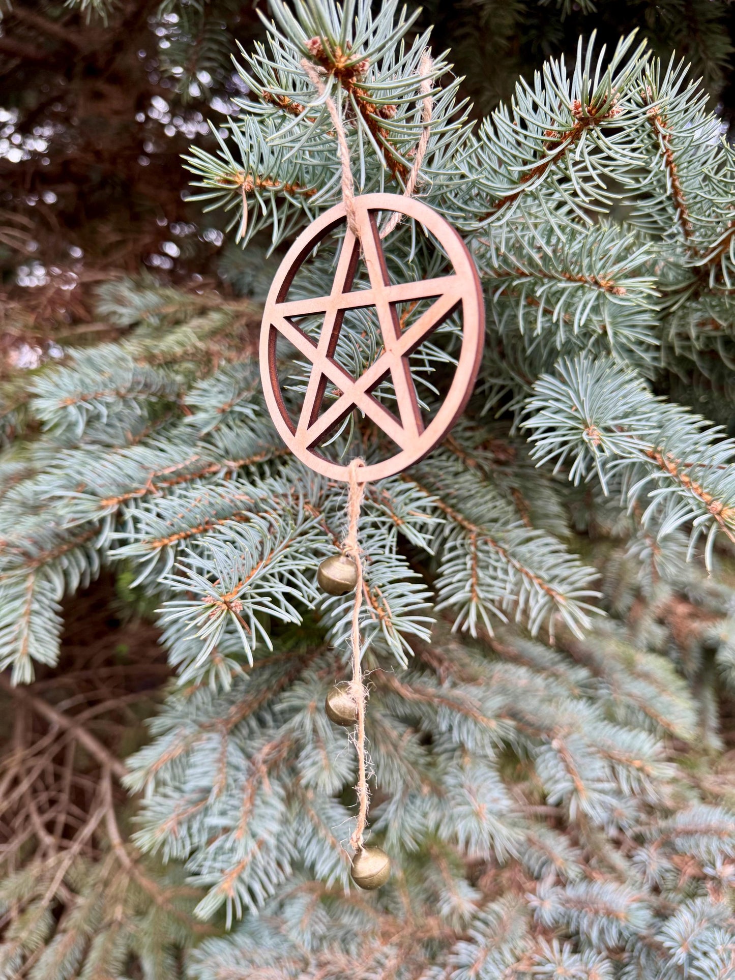 Pentacle & Bells Ornament | Witch Pagan Tarot | Maple Wood | Non-Religious | Decor | Hygge | Christmas Tree | Solstice Ritual | Yule Season